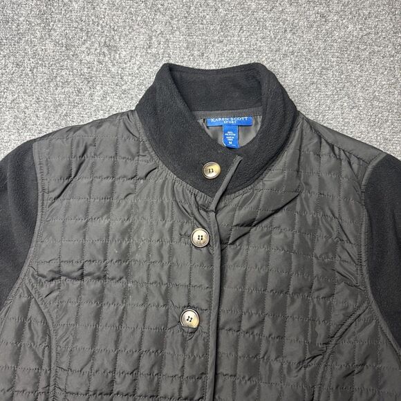 Karen Scott Jackets & Blazers - KAREN SCOTT SPORT Medium Puffy Coat Black Button Up Quilt Velour Mix W/Pockets